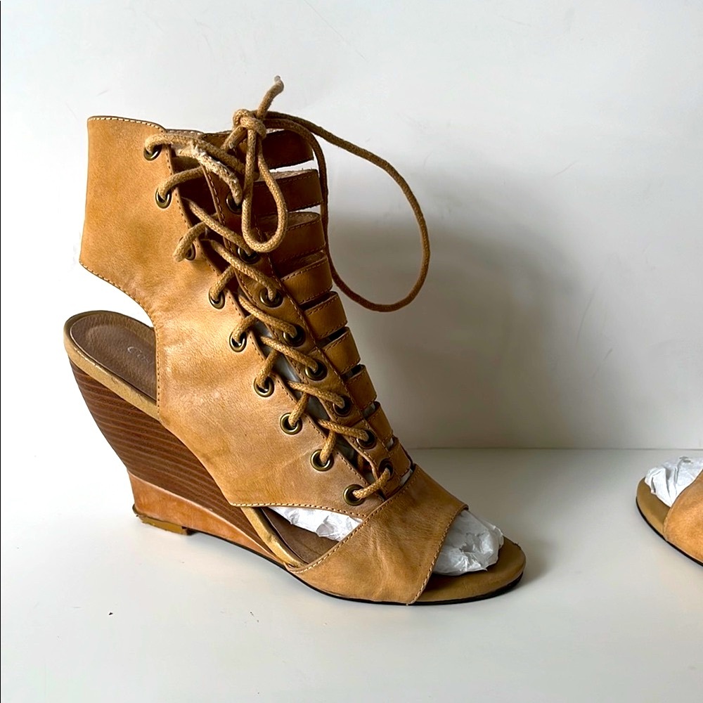 Tan Lace-Up Wedge Sandals